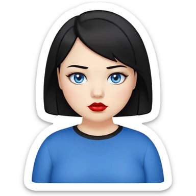 plus size teenage girl with a black bob haircut, side parted, blue eyes, black eyeshadow, red lipstick, wearing a black shirt, emoji style, neutral expression sticker