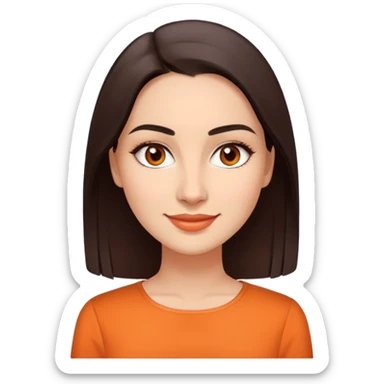Young woman in her 30s with light skin, oval face, soft features, large dark brown eyes, medium eyebrows, small nose, friendly smile, long straight dark brown hair, wearing an orange elegant blouse sticker