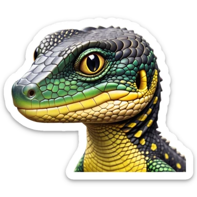 cinematic-realistic-cute-monitor-lizard-portrait-emoji,-head-tilted-playfully-and-inquisitively,-featuring-a-compact,-agile-body-with-finely-detailed,-glossy-scales-in-earthy-black and yellow-hues-and-a-distinct,-alert-face-with-bright,-curious-eyes, black , yellow spotted and green band  scales and a slender neck sticker