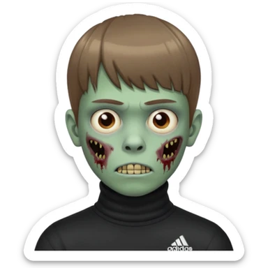 Crie um emoji de um menino com o cabelo castanho claro com uma franja reta e o corte low fade zumbi blusa de gola alta da adidas sticker