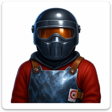 Create an Apple-style emoji, chest up, of a Rust video game character wearing a metal face mask helmet, red jacket, metal chest plate, and gloves, with a Y2K glossy and metallic vibe. Match the reference image's gear and colors closely. The style should emulate the Apple emoji style with a glossy and metallic finish. sticker