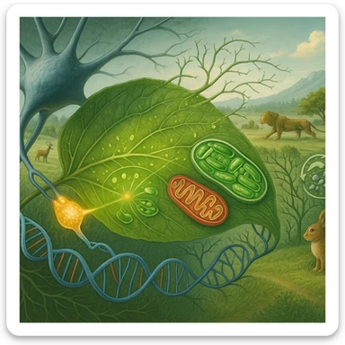 A panoramic scientific illustration merging all key biology topics for grades 11-12 into one continuous ecosystem scene, ultra-realistic style: In the foreground, a neuron (neurobiology) synapses with a leaf's vascular system (applied biology). The leaf undergoes photosynthesis (energy conversion) while revealing microscopic views of chloroplasts and mitochondria. Its DNA strands (molecular genetics) morph into a phylogenetic tree (evolution) that forms the landscape. In the background, a balanced ecosystem (ecology) shows predator-prey dynamics and nutrient cycling. All elements flow together organically through biological connections - no artificial borders, labels, or sections. Color palette: natural greens/blues with molecular structures in accurate scientific colors (red ATP, blue DNA). Style: National Geographic scientific realism with macro-to-micro transitions. sticker