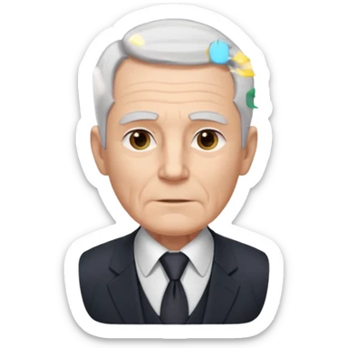 Elderly white man. Pale skin. Gray or white hair neatly combed back. Clean-shaven face with wrinkles around the eyes and mouth. Calm, steady eyes. Wears a collared shirt, tie, vest, and dark suit jacket visible from the chest up. sticker