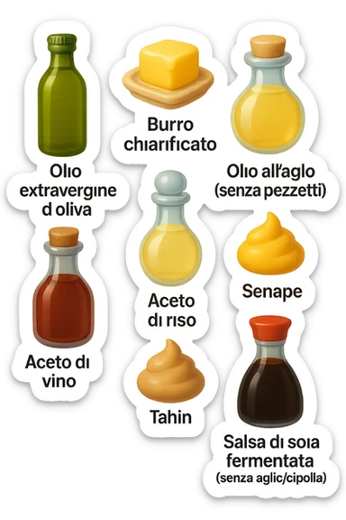 emoji stile iphone 3d di questi elementi che fluttuano in aria sparsi casualmente:

Olio extravergine d’oliva, burro chiarificato
Olio all’aglio (senza pezzetti)
Aceto di vino, aceto di riso, senape, tahin
Salsa di soia fermentata (senza aglio/cipolla)


 che fluttuano sparse casualmente in aria, le etichette dei prodotti scrivile in italiano, iperealistico 4k sticker