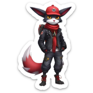 Cool Anthro Noibat-Zangoose-Quilava-Litten-Sphynx-Feline-Pokémon with red scarf punk techwear cool fiddler-hat Full Body sticker