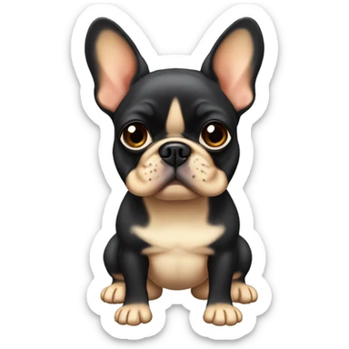 A small, black-and-tan French bulldog with a mostly black face and tan paws, tilting its head slightly with wide, puzzled eyes and a slightly furrowed brow, perhaps with a small question mark near its head sticker