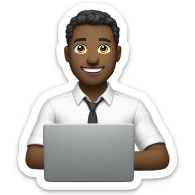 man in white button-down shirt typing and smiling sticker
