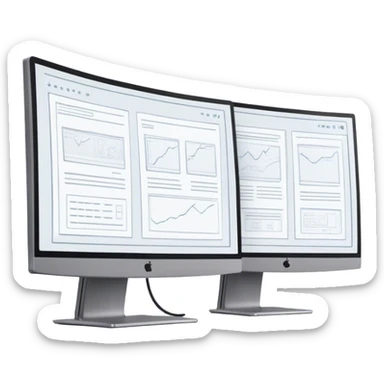 Create an emoji for UX/UI design. Show two large curved monitors side by side, displaying wireframe sketches or design mockups with interface elements like buttons, sliders, and icons. Use modern, professional colors. Do not include any emojis or smiley faces. Make the background transparent. sticker