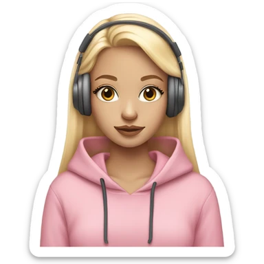 blonde girl with light and subtle pink makeup, long eyelashes, a bow in her hair, a pink hoodie, with wired headphones sticker