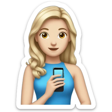 a white girl in a blue dress holding a cell phone sticker