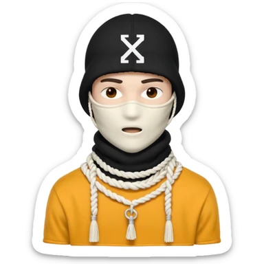 Ultra-detailed studio shot of a post-apocalyptic off-white balaclava — deconstructed, frayed, layered, with braided rope tassels and subtle embroidery. Minimalist white background, soft lighting, sharp focus. High-fashion streetwear aesthetic. The face of a person in a mask should not be visible sticker
