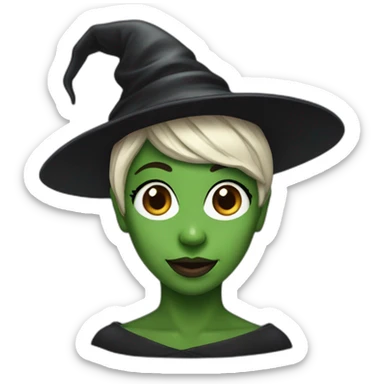 Cynthia Erivo with green skin and a witch hat sticker