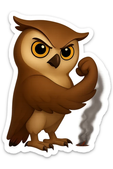 Точно такая же картинка и поза, только хвост совы слегка подгоревший и от него идет дымок, прозрачный фон sticker