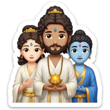 Create a Jesus - long wavy dark-brown hair, short beard, wearing a simple white robe., Krishna- blue skin with dark curled hair , and Buddha standing together. Buddha: warm golden or light tan skin, dark curled hair with a traditional top bun (ushnisha)

 sticker