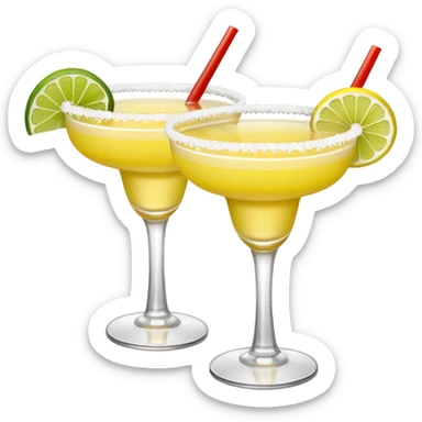 2 margarita cocktails. one is the classic margarita: yellowy with salt on the rim and a lemon. the other one is a spicy margarita: slightly more red color with a small red chili pepper instead of a lemon on the rim  sticker