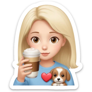 Cute girl with big puppy eyes asking her mom for Nescafe, holding a glass mug of instant coffee with foam on top, warm cozy home background, soft pastel colors, kawaii style, heart details, WhatsApp sticker style, transparent background sticker