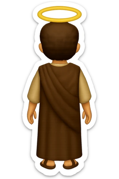 Edit the image to show a back view, centered full body, facing away, in classic emoji style. Depict apostle Peter with short hair, no hood, arms down by sides, smiling, expressive face, halo, wearing long sleeve brown clothes with beige details and a cape. No background. sticker