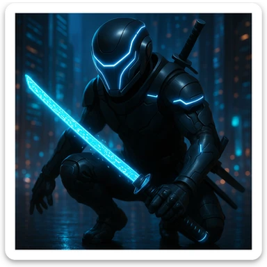 Add a glowing digital sword to the cyber ninja, keeping the original style and background intact. The style is cyber ninja with a digital, futuristic look, so the sword should have a glowing, high-tech digital effect that fits seamlessly with the cyber ninja theme. sticker