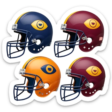 Football helmets in burgundy and gold and navy and orange, each with their respective team logo, facing off, emoji style sticker