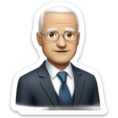 Man about 60 years old, bald with white hair only on the sides, large napia, with a very round face, small eyes, double chin and wearing a suit sticker