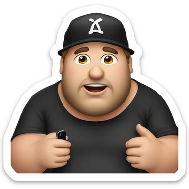Fat Jewish guy in 30s wearing black trucker hat crying at iPhone sticker