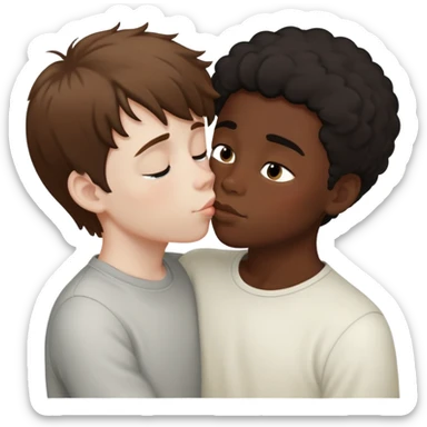 A pale boy with fluffy brown hair kissing a taller dark skinned boy with short black hair sticker