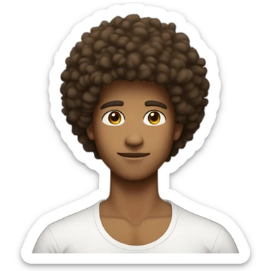 tan guy with brown eyes and a messy afro that has the sides cut off, wearing a white tee and a cross necklace sticker