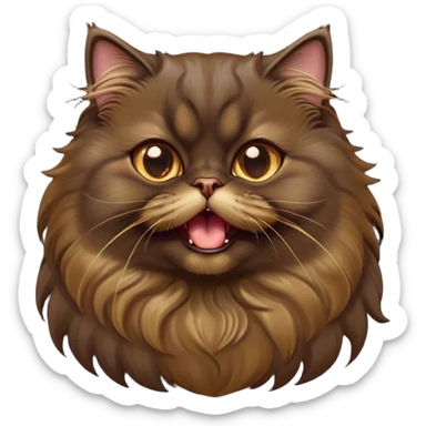 Cinematic Adorable Big-Eyed Fluffy Dark Brown Persian Cat Portrait Emoji, Head tilted playfully with a cute, exaggerated yawn, fluffy dark brown fur with rich caramel and gold undertones, Simplified yet irresistibly cute features with large, expressive eyes, highly detailed, glowing with a warm and gentle glow, high shine, a mix of affectionate and sleepy, stylized with a touch of whimsy, bright and full of charm, soft glowing outline, capturing the essence of a fluffy, loving kitty yawning in the most adorable way, so endearing it feels like it could leap out of the screen and stretch out for a cuddle! sticker