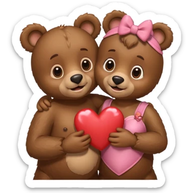 female bear with bow on her head and male bear hugging, couple, surrounded by hearts, playful and loving, cute, same height  sticker