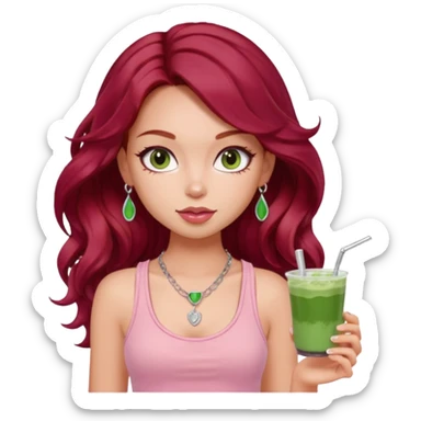 a pretty fair bratz girl with wavy dark red hair, wearing a pink tank top . silver dainty layered necklaces, carrying a matcha sticker
