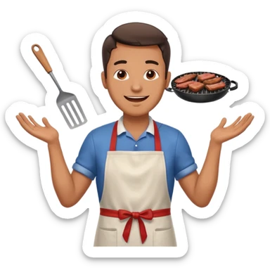 A cheerful man in an apron flipping meat on a sizzling grill with smoke puffing upward. sticker