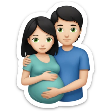 Make a couple hugging the girl is white with long black hair with blue eyes. The girl is hugging a boy with light brown short hair with green eyes. The boz is pregnant  sticker