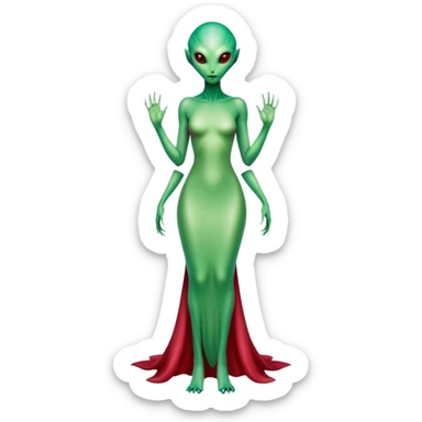 reptilian green alien woman, in( long slim pastel color:#FFFFFF formal party satin dress with gradient shiny sparkling dark red), full figure, full body sticker