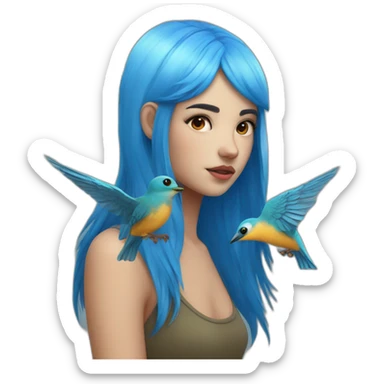 girl with a blue hair with birds in the head sticker