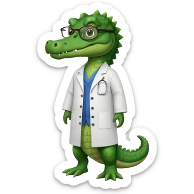 full body of alligator wearing lab coat and glasses, front view sticker
