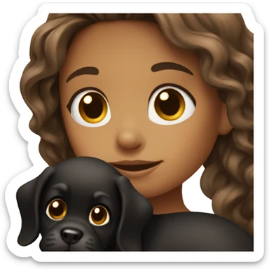 Girl with long wavy brown hair holding black puppy sticker