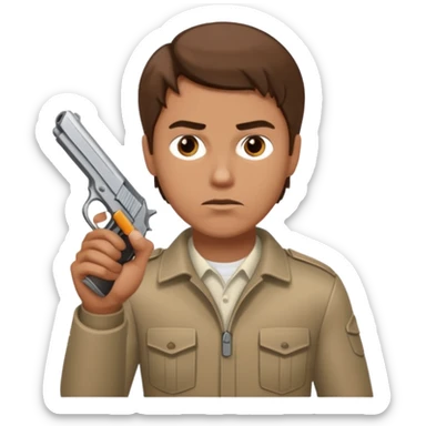 White guy with brown hair holding a hand gun like a cop would sticker