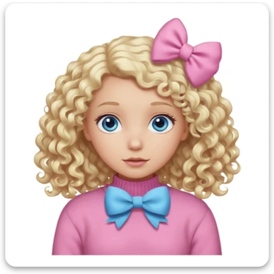 girl with blonde curly hair and blue eyes wearing a pink sweater and white hair bow sticker