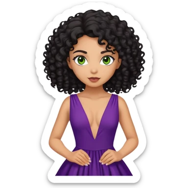 Mixed race girl with green eyes, curly black hair and a deep v purple dress sticker