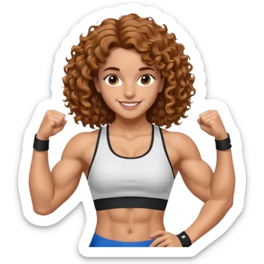 big biceps, muscled torso, very beautiful italian happy girl, looking like Emma Watson, with wavy curly bright hazelnut hair, dressed in a beautiful sports outfit, very muscled sticker