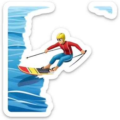 humanless icon showing water skis on the surface of the water, with the skis cutting through the waves, and a distant boat in the background creating a wake. The design highlights the smooth, dynamic motion of water skiing. Transparent background emphasizes the thrill of the sport sticker