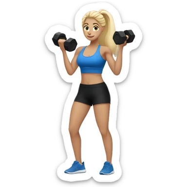 blonde woman working out with a black tank top and a blue shorts and she is holding a dumbell sticker