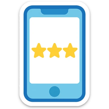 Smartphone icon with three yellow stars aligned in a row on the screen, flat emoji style, outline with blue and turquoise colors, screen filled solid white sticker