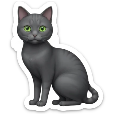 full body view of beautiful female solid dark grey cat with green eyes, grey face, white toes/paws and small white patch on her chest sticker