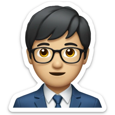 Asian boy with fair skin, short black hair, wearing a blue suit and black glasses sticker