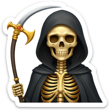 feminine skeleton grim reaper in a gold with scythe sticker