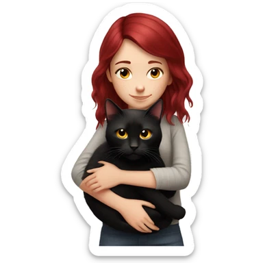 realistic girl with burgundy hair hugs a black cat sticker