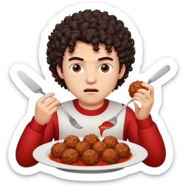 Ragazzo di 20 anni con capelli ricci scuri, leggermente arrabbiato che mangia 2 polpette  sticker