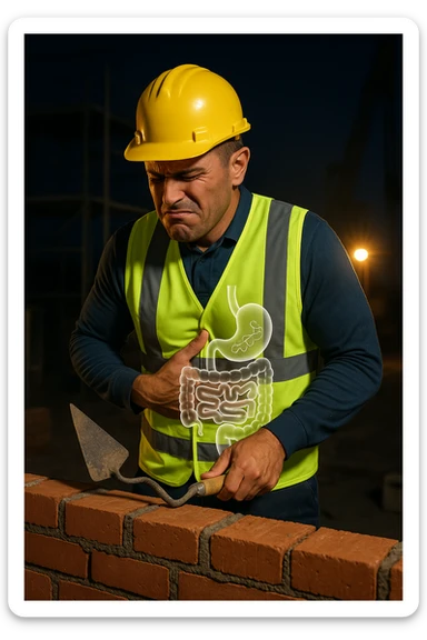 a construction worker in a reflective vest and hard hat is laying bricks at a nighttime construction site, illuminated by strong work lights. He pauses, one hand on his abdomen with a pained or uncomfortable expression, while the other holds a trowel. In the background, scaffolding and machinery are visible under the night sky. Subtle icons or overlays highlight digestive organs, suggesting the need for intestinal balance. sticker