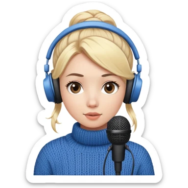 a cute face girl have bright white skin
and small and natural lips (kinda
peach) with blue knitwear with a
blonde one hair bun and she is a
podcaster in her school. with recording
microphone in front of her not held and
a headphone in her head sticker